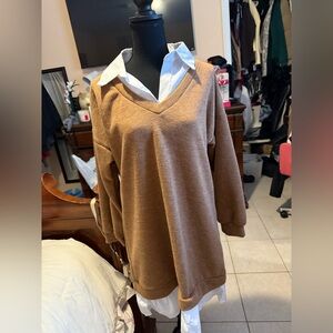 Women's Tan V-Neck Sweater dress